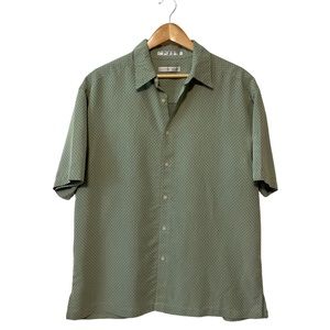 GEOFFREY BEENE sz Large Shirt Short Sleeves Button Front Mini Pattern Green